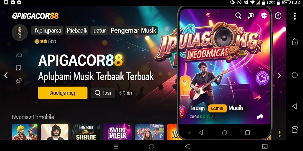 Screenshot utama APIGACOR88 menampilkan gameplay dengan berbagai pilihan musik.
