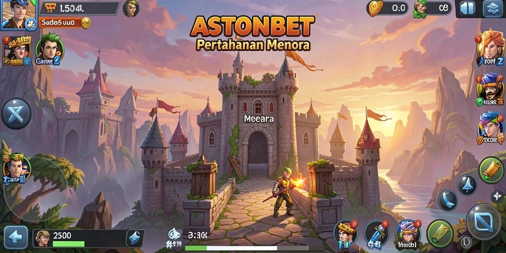 Screenshot gameplay ASTONBET menampilkan aksi menara pertahanan yang intens.