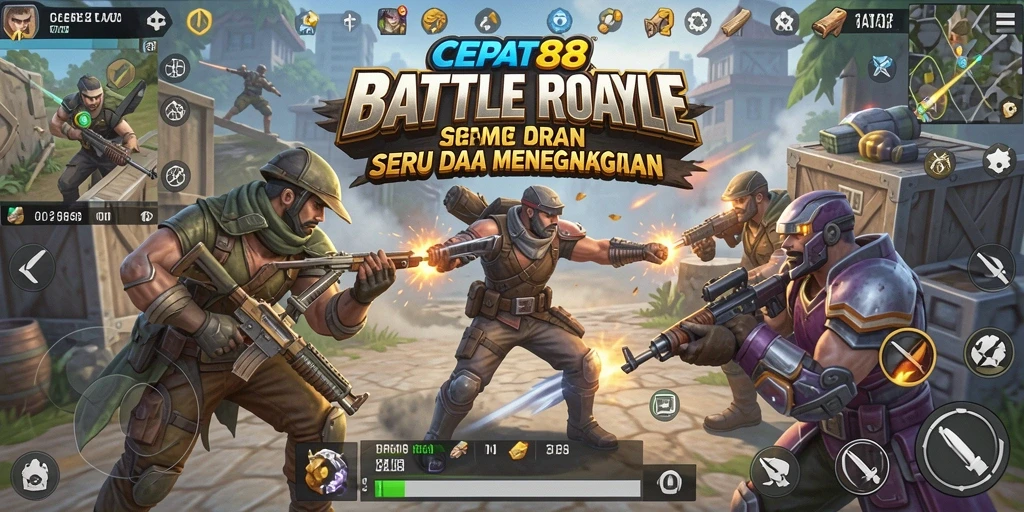Screenshot gameplay <strong>CEPAT88</strong> menampilkan aksi pertarungan Battle Royale yang intens.