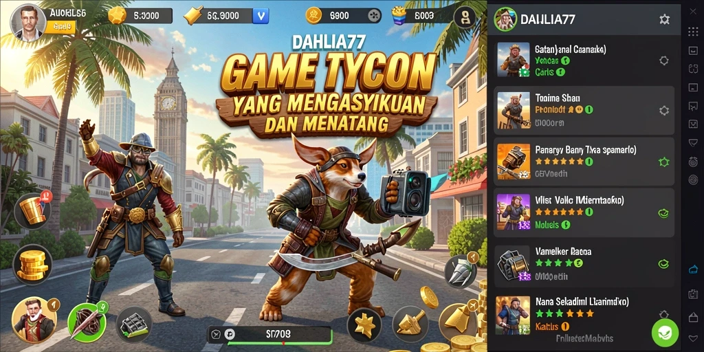 Tampilan gameplay DAHLIA77 yang menunjukkan aksi manajemen Tycoon yang seru.