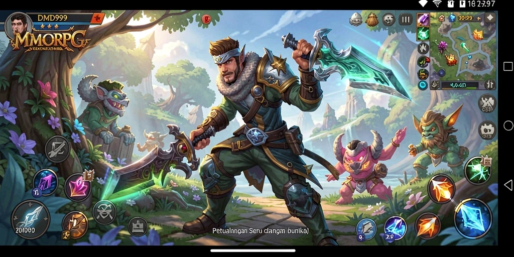 Tangkapan layar gameplay DMD999 yang menunjukkan pertempuran epik di dunia MMORPG.