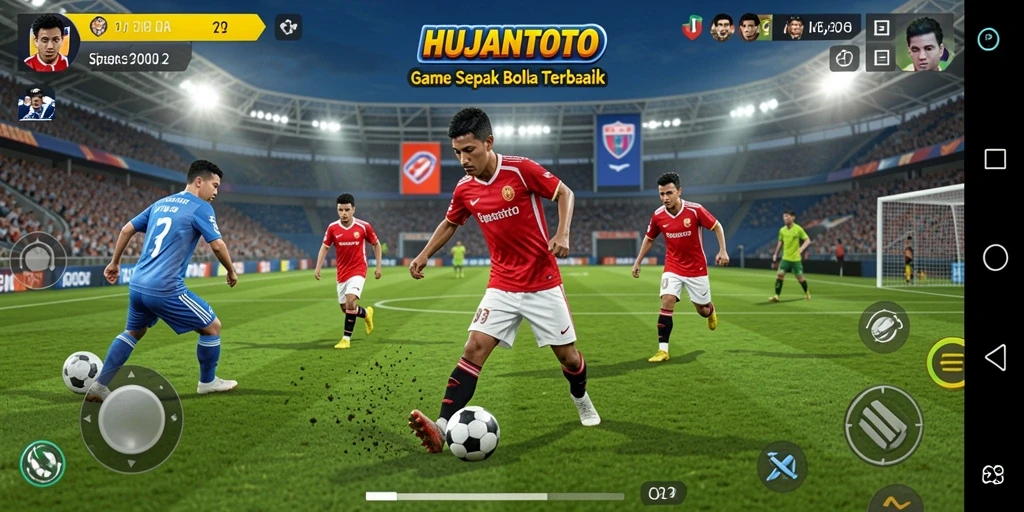 Screenshot gameplay HUJANTOTO menampilkan aksi seru di lapangan sepak bola.