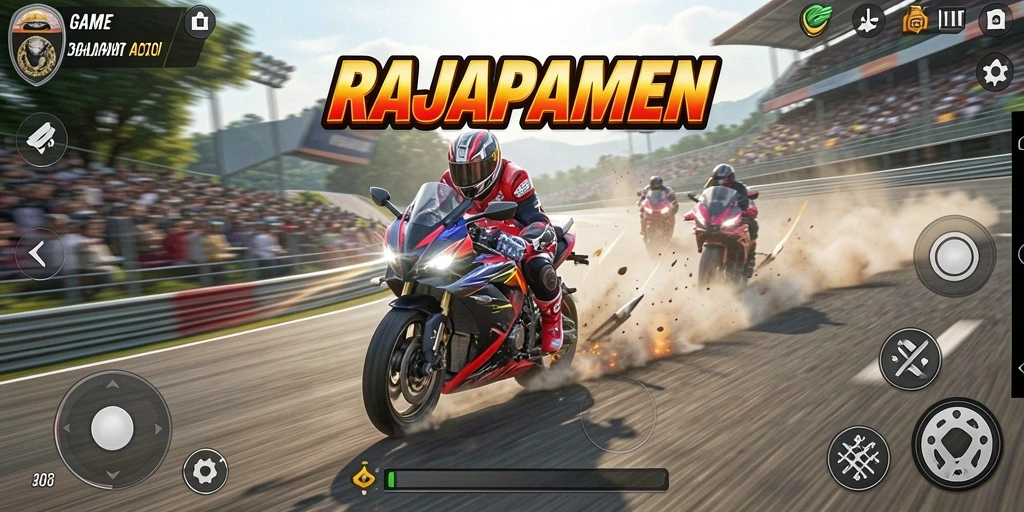Gameplay RAJAPAMEN menampilkan aksi balap motor yang mendebarkan.