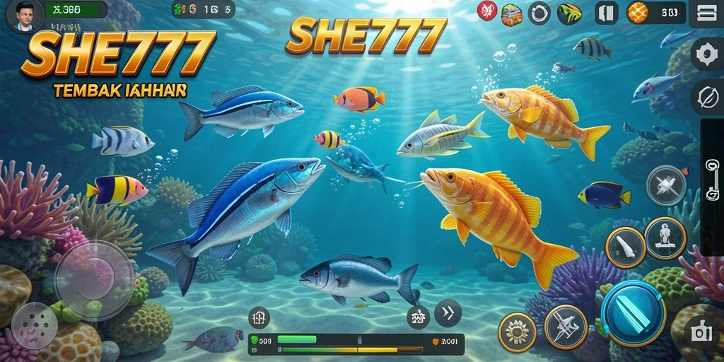Tangkapan layar utama dari game Tembak Ikan SHE777 yang seru.