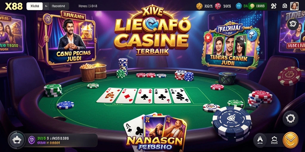 Screenshot gameplay X88 menampilkan dealer langsung dan permainan kasino yang mendebarkan.